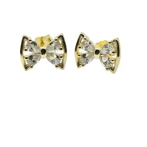 Elegant Gold Bow Stirling Silver Post Earrings with Zircon -New